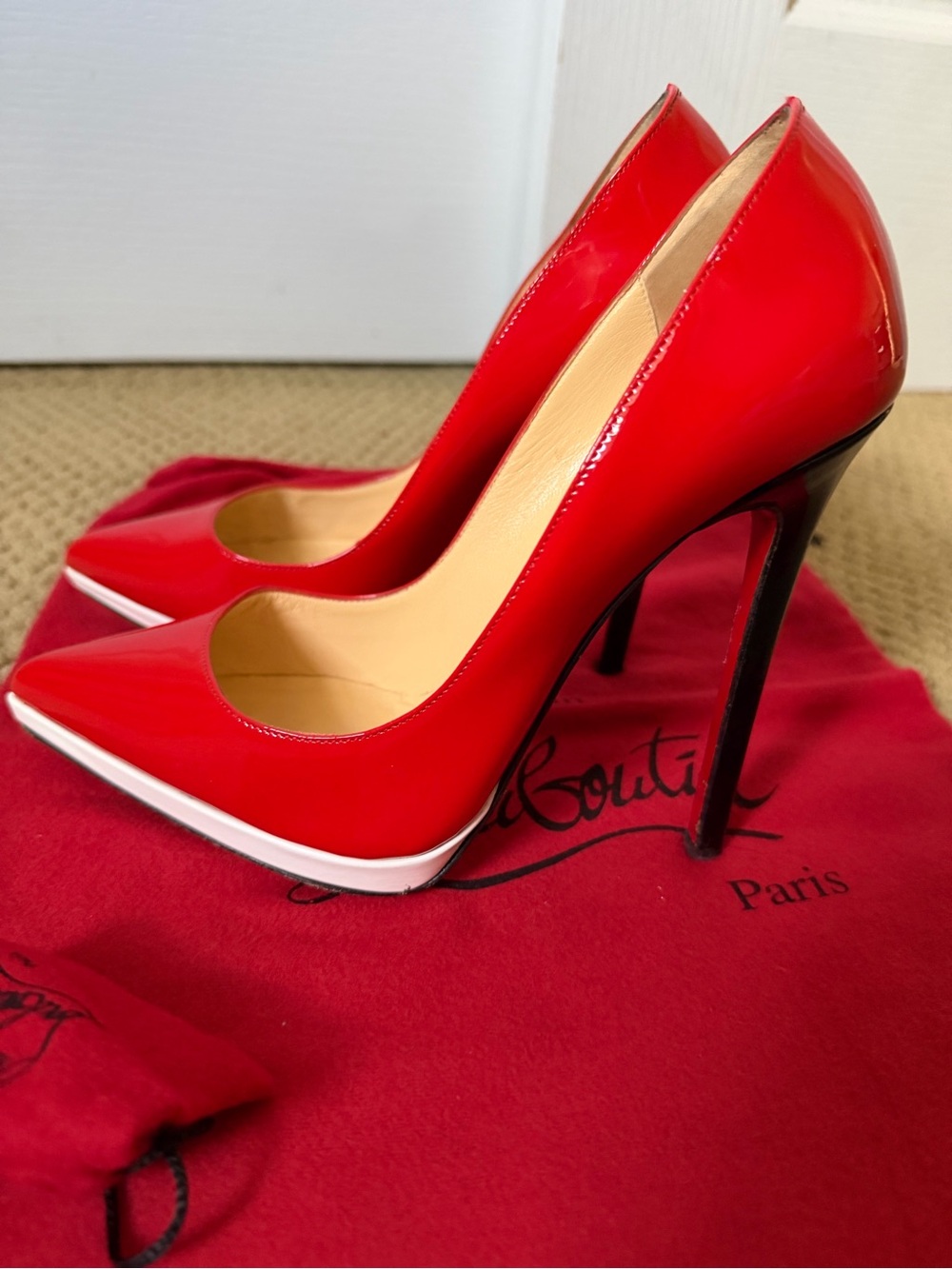 Christian Louboutin Glossy Red Patent Pigalle Plato Pointed Stiletto Pumps